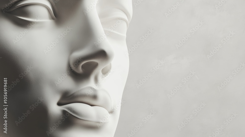 Poster a close-up of a minimalist sculpture capturing serene facial features and a smooth texture against a