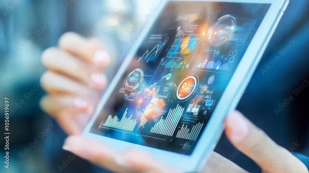 Aufkleber a close-up of a person holding a tablet displaying futuristic data and analytics in a business envir