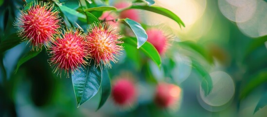 Close Up Red Rambutan Fruit With Green Hair Selective Focus And Blur Image