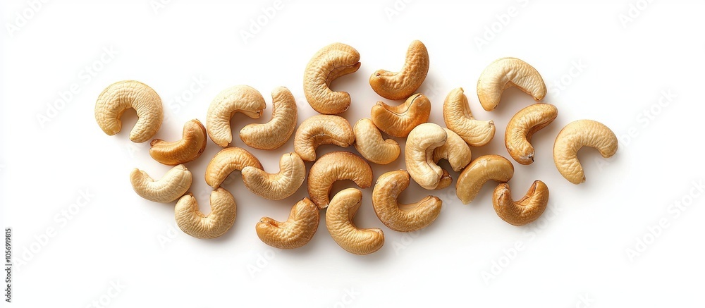 Poster cashew nuts heap with shell isolated on white background top view flat lay