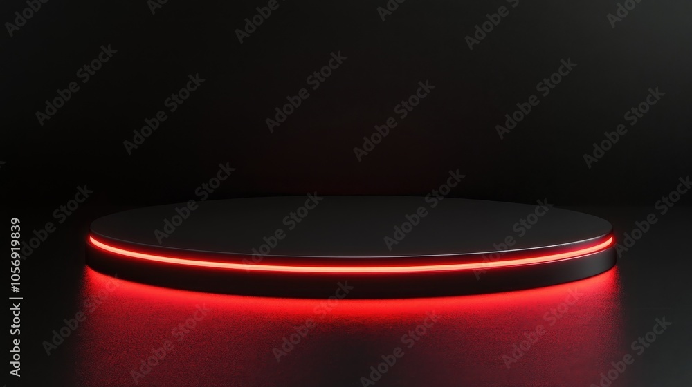 Poster elevated circular platform featuring dynamic red led illumination set against a smooth black backgro