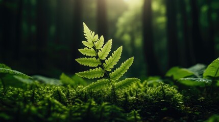 Close up of a green fern leaf on a moss covered forest floor in a dark woodland setting