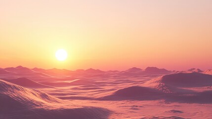 Serene desert landscape at dawn with the rising sun casting a soft glow on the horizon creating a sense of calm and tranquility