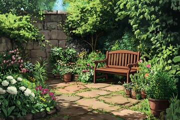 A Wooden Bench in a Lush, Sunny Garden