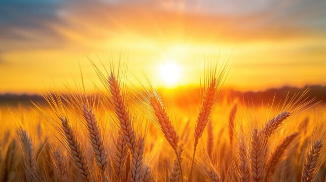 Golden wheat ears against a sunset sky Close up of a beautiful natural field with sun flare Ripening wheat signifies abundant harvest Stunning summer or autumn nature scenery