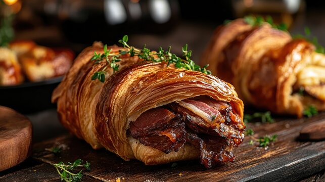 Delicious sandwich croissant filled with savory meat showcased on a table in a barbecue setting Rustic homemade baked goods enhance the appeal
