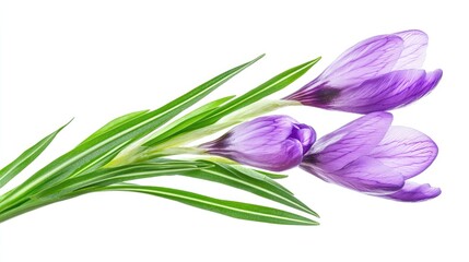Fototapeta premium Fresh violet crocus flowers and green leaves isolated on a white background
