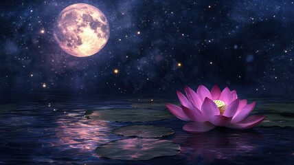 Pink Lotus flowers under the full moon,Full moon in midnight,beautiful night sky in the countryside with the perfect moon exudes beauty in the dark,Banner for Mid Autumn Festival.