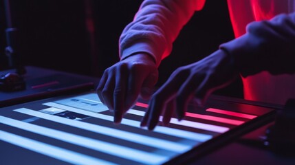 A close-up of hands interacting with a backlit digital interface in a dark, vibrant environment, showcasing modern technology.