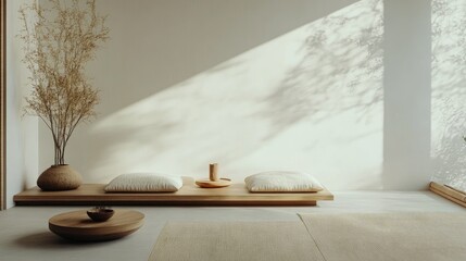 Serene zen inspired interior design featuring minimalistic furniture and decorative elements with ample copyspace for text or branding