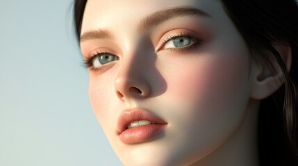 Fototapeta premium A close-up portrait of a beautiful woman showcasing striking features and captivating eyes in soft natural light.