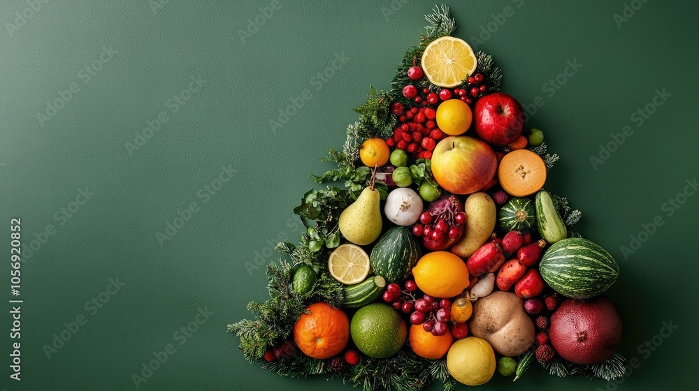 Poster assorted vegetables and fruits arranged in a triangle shape resembling a christmas tree set against 