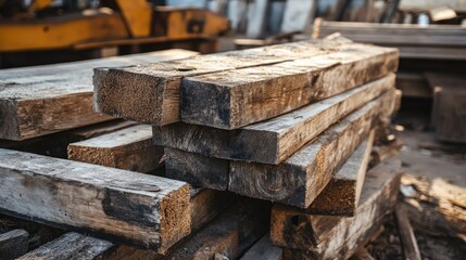 Weathered Wooden Beams Piled at a Construction Site