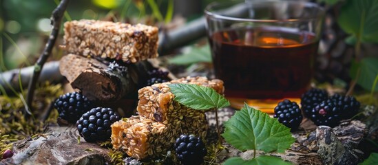 Summer Snack In Forest With Cereal Energy Bar Fresh Blackberry Herbal Tea