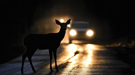 Silhouette of a deer illuminated by car headlights on a dimly lit road