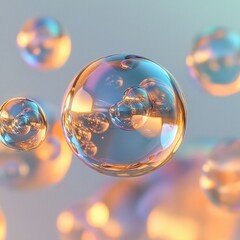 Floating soap bubbles on a light grey liquid background