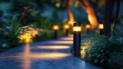Row of modern outdoor pathway lights illuminating a curved garden path at night