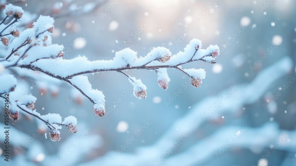 Poster branch of a snow covered alder tree with a blurred background features selective focus and shallow d