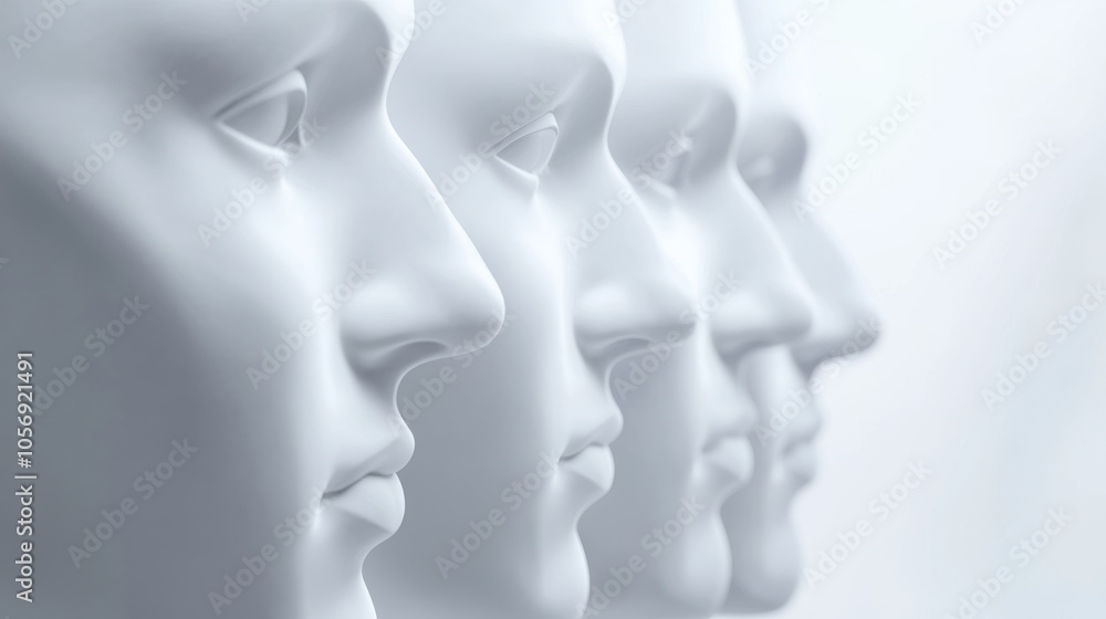 Poster a close-up view of white, minimalist mannequin faces lined up in a row, creating a striking visual a