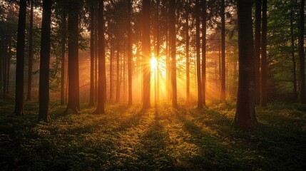Obraz premium Sunset illuminating the foliage of a forest