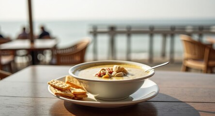 A bowl of creamy clam chowder with oyster crackers on a seaside restaurant table