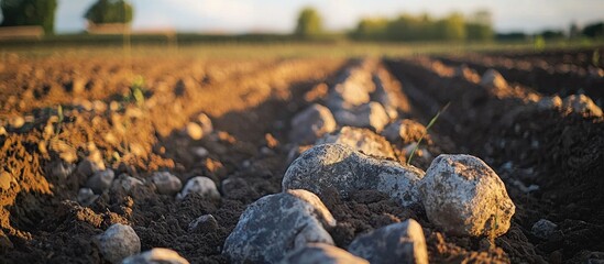 Obraz premium Cultivated Field With Rocks Close Up Of Plowed And Sown Field