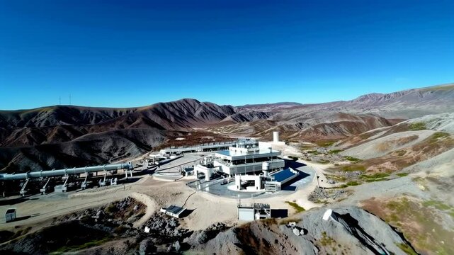 Aerial view of remote industrial facility surrounded by rugged mountains under clear blue sky