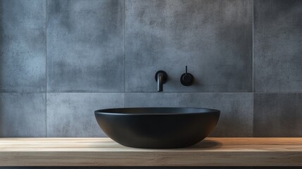 Elegant black vessel sink with faucet on a wall mounted wooden countertop beside a concrete tiled wall featuring ample copy space A minimalist design for a contemporary bathroom