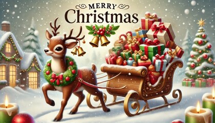 Cute reindeer pulling a sleigh overflowing with an abundance of beautifully wrapped presents Christmas illustration