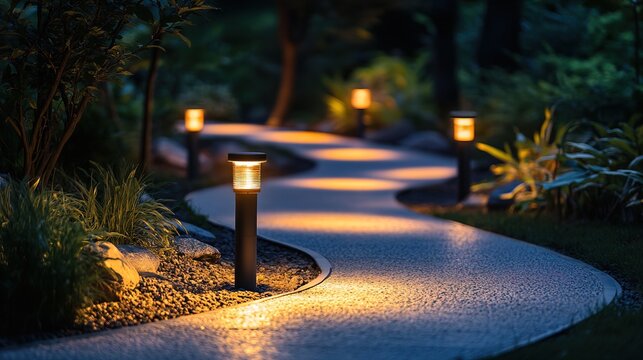 Row of modern outdoor pathway lights illuminating a curved garden path at night