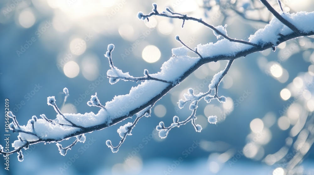 Poster branch of a snow covered alder tree with a blurred background features selective focus and shallow d