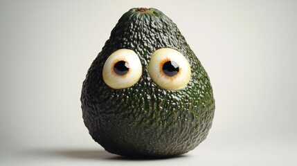 Unattractive avocado with googly eyes set against a white background