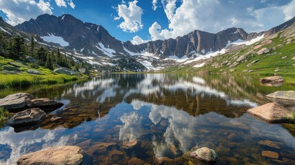 Fototapeta premium A clear lake mirrors majestic snow covered mountains beneath a partly cloudy sky surrounded by lush meadows and scattered boulders in a tranquil setting