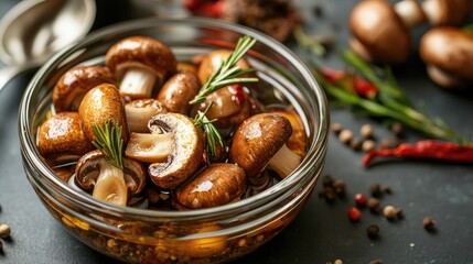Fototapeta premium Pickled Mushrooms In The Bowl With Spices
