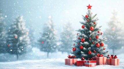Obraz premium Christmas tree adorned with red ornaments and surrounded by presents in a snowy blue toned setting