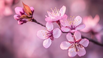 Close up view of pink cherry blossoms on a branch embodying the essence of spring and nature