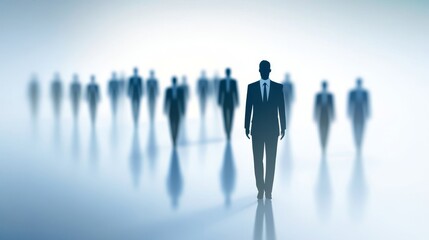 A confident businessman stands out among a crowd, representing leadership and individuality in a professional setting.