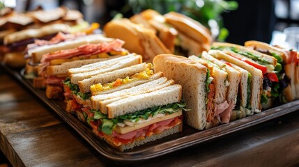 A variety of sandwiches featuring classic options such as club BLT and veggie presented on a tray for a gathering or outdoor event
