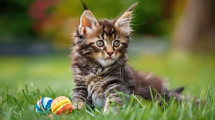 Playful Maine Coon Kitten Posing With Toy Over Green Grass Background