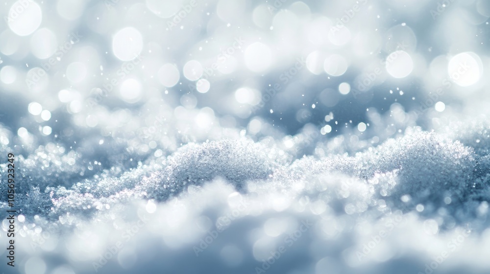 Poster close up macro image of snow textured surface in a cold and bright ambiance featuring a blurred and 