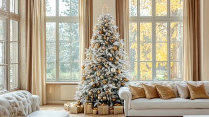 Stylish white Christmas tree adorned with gold and bronze ornaments in a warm living room featuring a plush white sofa with decorative pillows and ample natural light from large windows