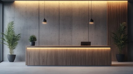 Modern reception area featuring a wooden desk against a concrete wall complemented by soft lighting showcasing a corporate interior design concept 3D Rendering
