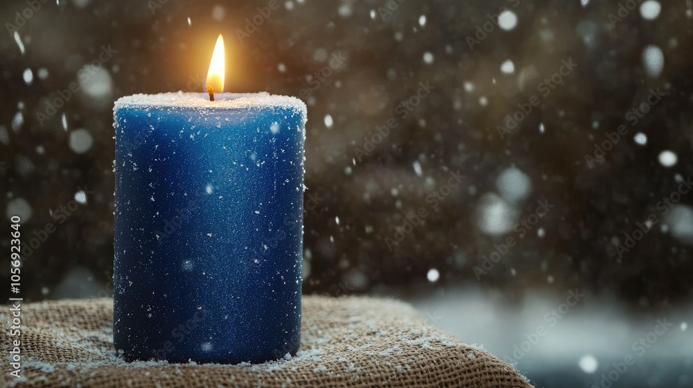 Poster blue candle on burlap with falling snow and a blurred effect creating a festive atmosphere