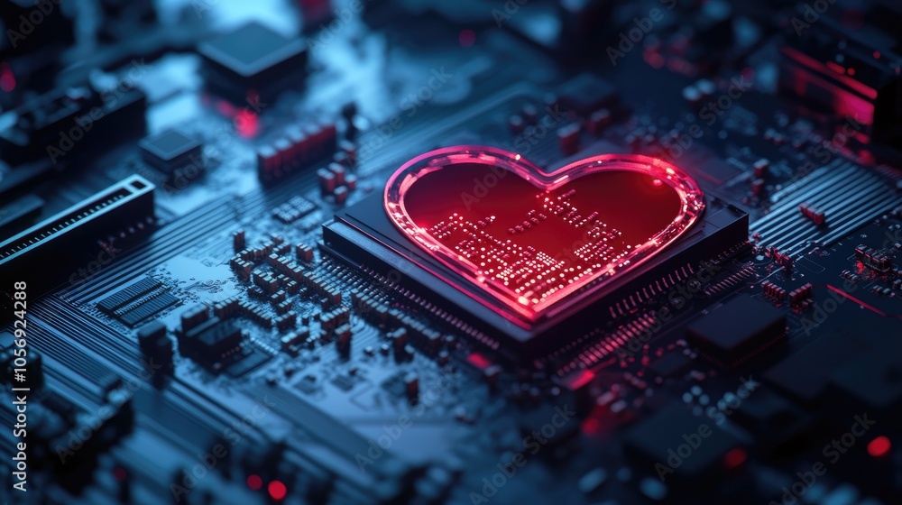 Poster computer featuring a heart shaped cpu chip set against a dark background with selective focus and am