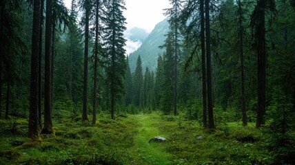 Fototapeta premium Majestic Pine Trees in Evergreen Forest: A Rich Natural Landscape Ready for Harvest