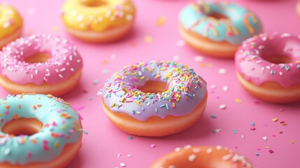 Colorful donuts displayed on a vibrant pink backdrop adorned with confetti showcasing a creative and minimalist food aesthetic
