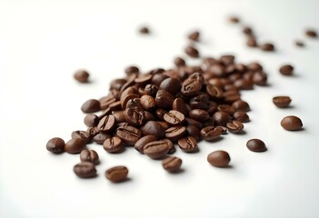 Naklejka premium coffee beans are scattered on a white surface