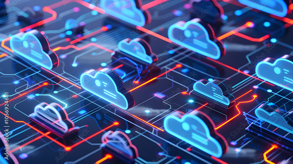 Poster a computer chip with many blue and red clouds on it. the clouds are connected to each other and to a