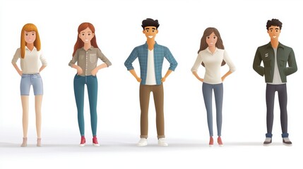 Fototapeta premium A diverse group of cartoon characters standing confidently in a row, showcasing modern fashion and friendly expressions.