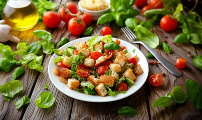 Fresh garden salad with cherry tomatoes and croutons served on a wooden table surrounded by herbs and olive oil